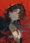  1boy bandage_on_chest black_coat black_hair blade_(honkai:_star_rail) blurry blurry_background button_gap chinese_clothes coat earrings highres honkai:_star_rail honkai_(series) jewelry long_hair looking_at_viewer looking_down messy_hair orange_eyes parted_bangs parted_lips red_background sachico66 serious tassel tassel_earrings upper_body 