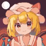  1girl blonde_hair closed_mouth collarbone commentary_request crystal flandre_scarlet full_moon hat hat_ribbon highres mob_cap moon nene_man pixel_art red_eyes red_ribbon ribbon short_hair smile solo touhou upper_body white_hat wings 