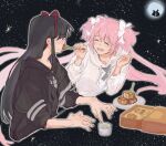  2girls absurdly_long_hair akemi_homura black_hoodie blush bow bow_hairband closed_eyes commentary_request drawstring feeding food_request hair_bow hairband highres hood hoodie kaname_madoka koyomania long_hair long_sleeves mahou_shoujo_madoka_magica mahou_shoujo_madoka_magica_(anime) moon multiple_girls open_mouth pink_hair red_hairband sky smile space star_(sky) starry_sky twintails very_long_hair white_bow white_hoodie 