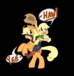  applejack_(mlp) blonde_hair clenched_teeth clothed clothing dialogue_box duo female feral fluffy fluffy_tail friendship_is_magic fur green_eyes hair happy hasbro hat headgear headwear hi_res hijackerdraws_(artist) human mammal my_little_pony open_mouth open_smile orange_body riding simple_background smile teeth tongue yellow_body yellow_fur 