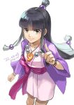  1girl ace_attorney beads black_eyes black_hair collarbone dated fingernails fon-due_(fonfon) hair_beads hair_ornament index_finger_raised japanese_clothes jewelry long_hair looking_at_viewer magatama magatama_necklace maya_fey necklace sidelocks signature simple_background smile solo topknot white_background wide_sleeves 