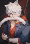  1boy animal_ears bishounen blue_eyes cat_ears devil_may_cry_(series) devil_may_cry_4 hair_over_one_eye highres holding hood jaxkydra looking_at_viewer male_focus nero_(devil_may_cry) solo tail white_hair 