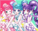  3girls ;p ao_(ao0_0nemu) bad_id bad_twitter_id blue_eyes blue_hair blue_hat blue_ribbon blue_sailor_collar blush closed_mouth commentary_request green_eyes hair_bun hand_on_another&#039;s_shoulder hand_up hat highres junon_(pripara) kanon_(pripara) knees_up long_hair looking_at_another looking_at_viewer mini_hat multicolored_hair multiple_girls neck_ribbon one_eye_closed open_mouth pink_hair pink_hat pink_ribbon pink_sailor_collar pink_skirt pinon_(pripara) pleated_skirt pretty_series pripara purple_hair purple_hat ribbon sailor_collar sailor_shirt shirt side_ponytail sidelocks single_side_bun sitting skirt smile star_(symbol) streaked_hair tehepero tongue tongue_out very_long_hair white_shirt wrist_cuffs 