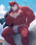  2020 5_fingers abs anthro asian_clothing big_muscles black_nose brown_body brown_fur brown_nipples bulge cancerdoge chest_tuft clothing east_asian_clothing eyebrows eyes_closed fingers fundoshi fur grin hi_res humanoid_hands japanese_clothing kumatetsu male mammal muscular muscular_anthro muscular_male nipples pecs sitting smile solo the_boy_and_the_beast thick_eyebrows translucent translucent_clothing translucent_underwear tuft underwear ursid 