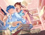  1boy 1girl blue_eyes blue_hair book bookshelf brown_hair collared_shirt commentary_request eyelashes facial_mark fate/grand_order fate_(series) fingernails forehead_mark glasses hand_up hans_christian_andersen_(fate) haruhikohiko holding holding_quill indoors looking_to_the_side open_mouth paper sesshouin_kiara shirt striped striped_shirt sweat teeth tongue vertical-striped_shirt vertical_stripes yellow_eyes 