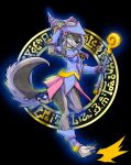 2023 anthro ashpond bottomwear canid canine canis clothed clothing cosplay dark_magician_girl duel_monster female hair hi_res long_hair magic_user magician mammal one_eye_closed skirt smile smiling_at_viewer solo staff wink wolf yu-gi-oh!