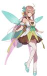  1girl ahoge aqua_ribbon ark_order bare_shoulders blue_footwear blue_ribbon blush bow breasts brown_dress brown_hair closed_mouth detached_sleeves dress fairy_(ark_order) fairy_wings flower full_body green_bow green_dress hair_ornament hairband large_breasts leg_ribbon long_hair looking_at_viewer low_ponytail multicolored_clothes multicolored_dress official_art plant puffy_short_sleeves puffy_sleeves purple_hairband purple_ribbon red_cucumber red_eyes ribbon rose shoes short_sleeves sidelocks smile solo tachi-e thighhighs transparent_background very_long_hair white_dress white_thighhighs wings yellow_ribbon 