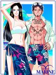  191_1006 1boy 1girl abs arm_up armpits beach bikini black_hair blue_eyes blue_male_swimwear blue_sarong boa_hancock border breasts chest_tattoo cleavage cloud collaboration collarbone day earrings english_commentary english_text eyewear_on_head facial_hair finger_tattoo floral_print goatee grin hand_on_own_head hand_on_own_hip hand_tattoo highres jewelry long_hair long_sideburns long_sleeves looking_at_viewer male_swimwear medium_breasts midriff mixed-language_commentary navel ocean one_piece open_clothes open_shirt outdoors palm_tree print_sarong sand sarong shirt short_hair sideburns smile snake_earrings spaghetti_strap standing straight_hair summer sunglasses swim_trunks swimsuit tattoo teeth toned toned_male trafalgar_law tree very_long_hair water white_bikini white_shirt yellow_eyes 