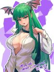  1girl ap_cammy blunt_bangs breasts cleavage commission green_eyes green_hair green_necktie head_wings highres hime_cut large_breasts long_hair long_sleeves looking_at_viewer morrigan_aensland necktie puffy_long_sleeves puffy_sleeves shirt skeb_commission solo upper_body vampire_(game) white_shirt wings 