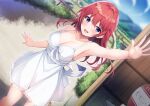 1girl absurdres bare_arms blue_eyes blue_sky blush breasts bus_stop cleavage cloud collarbone day dress fence hair_between_eyes highres large_breasts long_hair looking_at_viewer mountain non-web_source open_mouth original outdoors red_hair rural sky smile solo standing sundress utsurogi_akira waving white_dress 