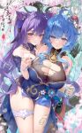  2girls absurdres blue_hair breasts flower ganyu_(genshin_impact) genshin_impact goat_horns hair_ears hand_fan highres holding holding_fan holding_hands horns keqing_(genshin_impact) large_breasts long_hair looking_at_viewer meisansan multiple_girls nature open_mouth outdoors purple_eyes purple_hair thigh_strap thighs torn_clothes tree 