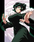  1girl 333_(dqqqdle) breasts dress feather-trimmed_jacket fubuki_(one-punch_man) green_dress green_eyes green_hair hands_up highres jewelry looking_up necklace one-punch_man short_hair tornado walking 