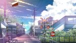  1girl blue_sky blue_theme cloud highres official_art power_lines railing railroad_tracks road_sign rokuban_(6thavenue) scenery shadow sign sitting sky summer 