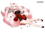  1girl :o alternate_hair_color animal_ear_fluff animal_ears ankle_bell autumn_leaves black_dress black_footwear breasts cleavage cleavage_cutout closers clothing_cutout copyright_name dress ear_down fox_ears fox_girl fox_tail full_body hand_up highres kitsune kyuubi large_breasts layered_dress leaf leaf_on_head levia_(closers) logo long_hair long_sleeves low_twintails lying lying_on_tail maple_leaf multiple_tails no_pupils official_art on_back pink_tail purple_eyes red_dress rubbing_eyes see-through see-through_sleeves sleepy solo tail twintails two-tone_dress uneven_eyes white_background white_hair 