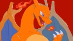  blue_eyes charizard claws collarbone dragon fangs fire flame-tipped_tail hand_up highres mo~zu no_humans open_mouth pokemon pokemon_(creature) red_background simple_background solo tongue 