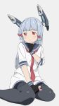  1girl anime_coloring bangs between_legs black_gloves black_legwear blunt_bangs blush commentary_request dress eromanga_sensei eyebrows_visible_through_hair gloves grey_background hair_ribbon hand_between_legs hand_up headgear highres kantai_collection long_hair looking_to_the_side murakumo_(kantai_collection) necktie orange_eyes pantyhose parody partly_fingerless_gloves red_neckwear ribbon sailor_dress short_eyebrows short_sleeves sidelocks silver_hair simple_background sitting solo style_parody sugapi thighband_pantyhose tress_ribbon wariza 