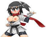  1girl belt bike_shorts black_belt black_eyes black_footwear black_hair breasts breasts_out cannsk clenched_hand commentary_request cowboy_shot dougi fighting_stance kurogane_arumi large_breasts nipples original red_scarf scarf serious solo twintails v-shaped_eyebrows 
