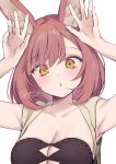  :o animal_ears armpits blush breasts calm_mashiro cleavage hound_2_(sekaiju) looking_at_viewer medium_hair rabbit_ears sekaiju_no_meikyuu sekaiju_no_meikyuu_5 simple_background swept_bangs upper_body white_background yellow_eyes 