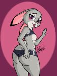 anthro areola big_butt black_body black_fur blue_bottomwear blue_clothing blue_topwear blush blush_lines bottomwear bra breasts buckteeth butt clothing cotton_tail dipstick_ears disney ears_down eyelashes female fur grey_body grey_fur hand_on_butt heart_eyes heart_symbol hi_res judy_hopps lagomorph leporid looking_at_viewer looking_back looking_back_at_viewer mammal multicolored_ears nipples pink_areola pink_background pink_nipples pivoted_ears purple_background purple_eyes rabbit rear_view rod_akihiro simple_background small_breasts solo sports_bra sports_panties teeth thick_thighs tongue tongue_out topwear underwear wide_hips zootopia