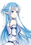  1girl artist_name asuna_(sao) asuna_(sao-alo) bare_shoulders blue_eyes blue_hair braid breasts closed_mouth commentary detached_sleeves dress fairy_(sao) french_braid hair_between_eyes istriri long_hair long_sleeves looking_at_viewer medium_breasts pointy_ears simple_background smile solo star_(symbol) sword_art_online turning_head twitter_username upper_body white_background white_dress white_sleeves 