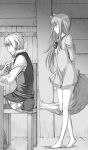  1boy 1girl animal_ears arms_behind_back bangs barefoot craft_lawrence dress floating_hair from_side greyscale holo koume_keito long_hair long_sleeves monochrome official_art pouch profile shiny shiny_hair shirt short_dress sitting spice_and_wolf standing tail very_long_hair wolf_ears wolf_girl wolf_tail 