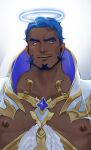  1boy absurdres armor bara beard blue_eyes blue_hair blue_halo chest_hair collarbone crave_saga dark-skinned_male dark_skin facial_hair glowing_halo halo highres looking_down male_focus muscular muscular_male mustache_stubble nipples parted_lips pectorals short_hair simple_background solo stubble thick_eyebrows usuki_(usukine1go) zegidoel_(crave_saga) 
