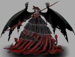  1girl black_dress black_sclera blood blue_hair claws closed_mouth demon_wings dress floating googerm hat holding holding_polearm holding_spear holding_weapon polearm red_eyes red_headwear remilia_scarlet see-through short_hair solo spear torn_clothes torn_dress torn_wings touhou weapon wings 