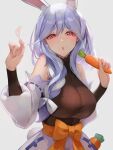  1girl animal_ear_fluff animal_ears black_bodysuit blue_hair blush bodysuit bow breasts carrot carrot_in_pocket detached_sleeves food hair_bow heart highres holding holding_carrot holding_food holding_vegetable hololive large_breasts long_hair looking_at_viewer mature_female multicolored_hair omoti_(1201208) open_mouth pekomama rabbit-shaped_pupils rabbit_ears rabbit_girl red_eyes short_eyebrows streaked_hair symbol-shaped_pupils vegetable virtual_youtuber white_background white_bow white_hair white_sleeves 