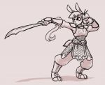  anthro armor clothed clothing female fluffy fluffy_tail gloves hair handwear hijackerdraws_(artist) holding_object holding_weapon lagomorph leporid mammal melee_weapon rabbit scar simple_background solo sword weapon 