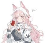  1girl arknights blush breasts cup dress highres holding holding_cup jelly_rabi long_hair medium_breasts messy_hair mug pink_hair pozyomka_(arknights) red_eyes signature simple_background sketch solo upper_body white_background white_dress 