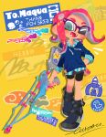  1girl bike_shorts blue_eyes blue_hoodie commission euraru fangs glasses gun hand_on_own_hip holding holding_gun holding_weapon hood hoodie octoling_girl octoling_player_character one_eye_closed open_mouth red_hair shoes signature skeb_commission solo splatoon_(series) squiffer_(splatoon) tentacle_hair weapon 