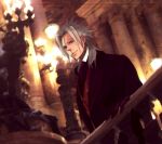  black_gloves black_suit blurry blurry_background candle candlestand column commentary_request cosplay dress_shirt dutch_angle erik_(phantom_of_the_opera) erik_(phantom_of_the_opera)_(cosplay) gloves grey_hair half_mask hand_on_railing hand_up high_collar indoors kingdom_hearts kingdom_hearts_ii light_smile long_hair looking_down mask minatoya_mozuku night parted_bangs phantom_of_the_opera photo_background pillar red_vest shirt spiked_hair standing suit vest white_shirt xemnas yellow_eyes 