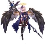  1girl angel ark_order black_wings breasts cleavage flying highres holding holding_staff large_breasts looking_at_viewer lucifer_(ark_order) navel official_art photoshop_(medium) single_thighhigh staff thighhighs wings you_ni_ge_shaobing 
