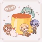  2boys 2girls animal_slippers apron blonde_hair blue_hair brown_eyes brown_hair cherry cherry_earrings closed_eyes dog earrings flower food food-themed_earrings fruit grey_eyes hair_flower hair_ornament hairpin hatsune_miku highres holding holding_spoon jewelry multiple_boys multiple_girls multiple_hairpins project_sekai pudding santi_mallang slippers spoon twintails 