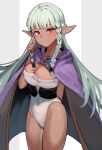  1girl braid breasts cape cleavage closed_mouth commentary_request dark-skinned_female dark_elf dark_skin elf green_hair grey_background highleg highleg_leotard highres leotard looking_at_viewer medium_breasts pointy_ears purple_cape red_eyes rosalinde_(unicorn_overlord) smile solo solokitsune thighs twin_braids two-tone_background unicorn_overlord white_background white_leotard 
