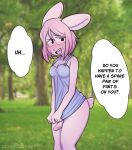 anthro blush bottomless breasts clothed clothing english_text genitals gynomorph hi_res intersex lagomorph leporid looking_at_viewer mammal marshmallow-ears penis rabbit shy solo speech_bubble text translucent 