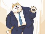 2024 5_fingers anthro black_nose blush bottomwear canid canine canis clothing domestic_dog eyes_closed fingers hi_res kemono male mammal necktie open_mouth overweight overweight_male pants pommn_mn shirt smile solo topwear