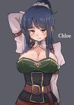  1girl arm_behind_head arm_up belt blue_hair breasts brooch chloe_ironside ciconia_no_naku_koro_ni cleavage english_text frown grey_background highres jewelry large_breasts long28 long_hair looking_at_viewer ponytail simple_background sweat yellow_eyes 