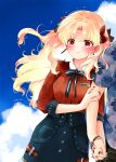  alternate_costume azumi_(myameco) blonde_hair blue_sky blush cloud earrings ereshkigal_(fate) ereshkigal_(under_the_same_sky)_(fate) fate/grand_order fate_(series) fujimaru_ritsuka_(male) fujimaru_ritsuka_(male)_(tropical_summer) hair_ribbon holding_another&#039;s_arm holding_hands jewelry nail_polish official_alternate_costume red_eyes red_nails red_ribbon ribbon sky trembling 