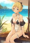  1girl afk_arena bare_shoulders beach beach_umbrella blonde_hair blue_eyes bow braid breasts cleavage day detached_sleeves frills hair_bow highleg highleg_swimsuit large_breasts looking_at_viewer ocean one-piece_swimsuit outdoors popqn sitting smile solo swimsuit thigh_strap thighs umbrella water white_swimsuit 
