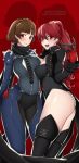  2girls bodysuit breasts brown_hair headband large_breasts lindaroze multiple_girls niijima_makoto persona persona_5 persona_5_the_royal red_eyes red_hair yoshizawa_kasumi 