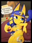 animal_crossing ankha_(animal_crossing) anthro areola biped blue_body breasts delicioussoup dialogue domestic_cat felid feline felis female genitals heart_symbol hi_res mammal nintendo nipples pupils pussy solo speech_bubble text thick_thighs
