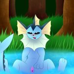  1:1 blush eeveelution female feral genitals grass hi_res lake nintendo pok&eacute;mon pok&eacute;mon_(species) pussy solo tongue tongue_out tree umbry00 vaporeon video_games water 