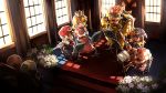  1girl blonde_hair blue_eyes bowser character_request crown dress earrings elbow_gloves flower flute geno_(mario) gloves haren highres instrument jewelry long_hair mario mario_(series) pink_dress princess_peach sphere_earrings super_mario_rpg toad white_flower 