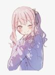  1other absurdres akiyama_mizuki androgynous buttons cardigan closed_mouth colored_eyelashes dot_nose grey_background hands_up highres kamiyama_high_school_uniform_(project_sekai) long_hair long_sleeves looking_at_viewer one_eye_closed pink_eyes pink_hair project_sekai purple_cardigan ribbon school_uniform side_ponytail sidelocks simple_background split_mouth tachibana_(tachibanableu) upper_body 