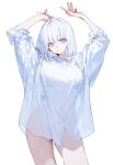  1girl :o ai-generated arms_up bare_legs blue_eyes blunt_bangs bob_cut breasts commentary cowboy_shot hair_intakes hands_up head_tilt highres large_breasts looking_at_viewer medium_hair original sagawa_gawa see-through shirt simple_background solo standing thighs white_background white_hair white_shirt wide_sleeves 