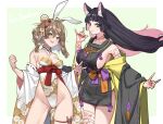  2girls :d animal_ear_fluff animal_ears bare_legs bare_shoulders black_hair black_kimono blue_eyes blush breasts brown_hair cleavage clenched_hand cowboy_shot crossed_bangs detached_sleeves double_fox_shadow_puppet fingernails floating_hair floral_print flower fox_ears fox_girl fox_shadow_puppet fox_tail green_eyes hair_between_eyes hair_ornament hands_up highleg highleg_leotard highres japanese_clothes kanzashi kimono large_breasts leotard long_hair medium_breasts medium_hair multicolored_hair multiple_girls nail_polish ofuda ofuda_on_arm ofuda_on_leg open_mouth original pentagram_necklace pink_hair rabbit_ears rabbit_girl red_nails red_sash sash short_kimono sideboob skindentation smile strapless strapless_leotard tail taka_oedo thigh_gap thigh_strap two-tone_hair white_leotard white_sleeves wide_sleeves 