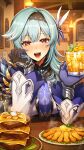  &quot;pile_&#039;em_up&quot;_(genshin_impact) 1girl black_hairband blue_gloves blue_hair blue_necktie blush breasts cup drinking_glass drunk eula_(genshin_impact) food genshin_impact gloves hair_ornament hairband hands_up head_on_hand highres holding holding_cup indoors large_breasts looking_at_viewer medium_hair necktie open_mouth shibuki_kamone signature solo upper_body white_sleeves wide_sleeves yellow_eyes 