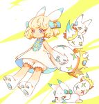  1girl :3 animal_ears animal_hands blonde_hair bloomers blue_bow bow bright_pupils child creature_and_personification crown dress fermium.ice full_body hair_bow highres looking_back looking_to_the_side multicolored_eyes open_mouth pawpads personification short_hair tail tail_crown tama_(woff) white_dress world_of_final_fantasy 