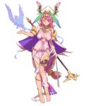  1girl anklet ark_order bandaged_leg bandages barefoot bird bra bracelet breasts breasts_apart cape center_opening closed_mouth dress fire full_body hairband holding holding_polearm holding_weapon jewelry large_breasts long_hair looking_at_viewer low-tied_long_hair necklace official_art pelvic_curtain pink_hair polearm purple_bra qa&#039;a_(ark_order) red_cucumber sidelocks sleeveless sleeveless_dress smile solo tachi-e thighlet transparent_background underwear variant_set very_long_hair weapon white_cape white_dress 